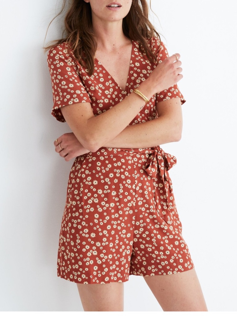 Madewell Wrap-Front Floral Romper in Daisy Field Afterglow Red Size 12